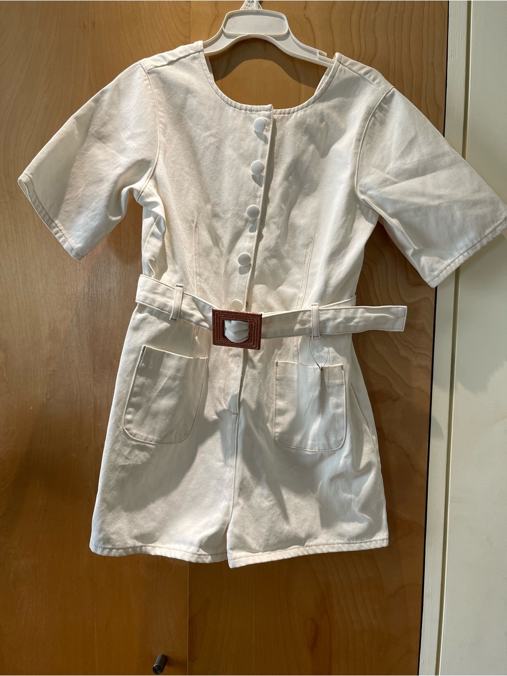 White, belted one-piece denim romper, Size 12